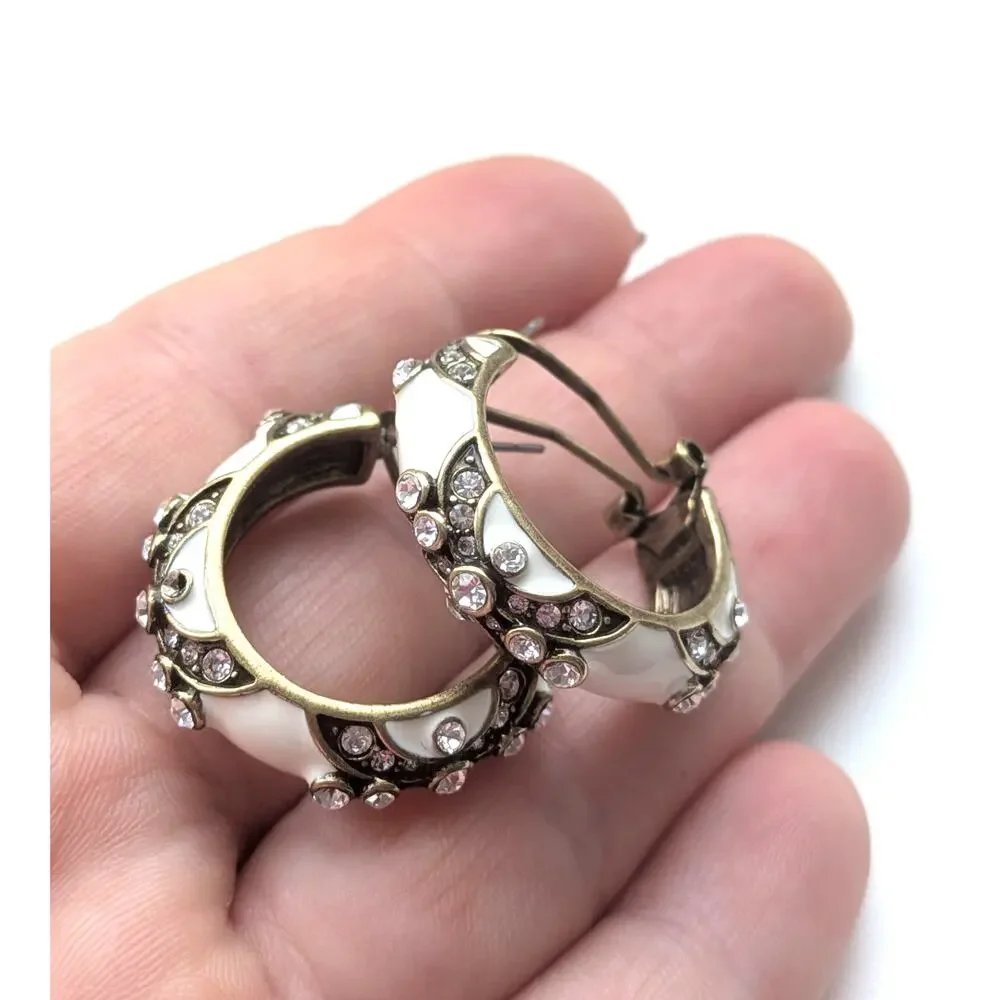 Heidi Daus Clear Crystal Rhinestone White Enamel Gold Tone Hoop Earrings